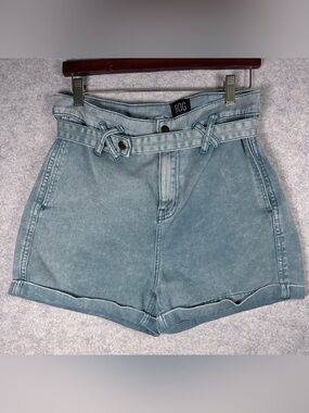 BDG Light Blue High-Rise Paperbag Denim Shorts with Tie Belt